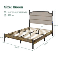 Upholstered Queen Bed Frame With Charging Station And LED Lights Industrial Brown Easy Assembly No Box Spring Needed Wood Slats