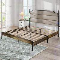 Industrial Brown King Size Bed Frame With Upholstered Headboard Charging Station LED Lights Wood Slats Easy Assembly No Box Spring Required