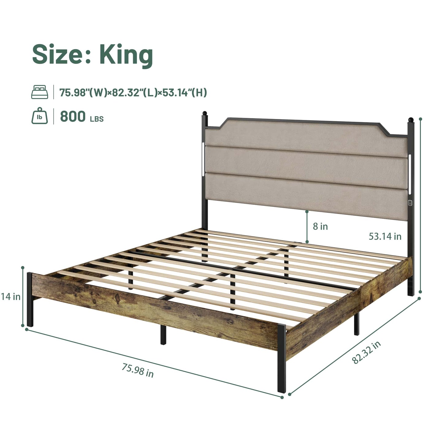 Industrial Brown King Size Bed Frame With Upholstered Headboard Charging Station LED Lights Wood Slats Easy Assembly No Box Spring Required