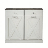 Double Door Tilt Trash Cabinet For Kitchen - White Double Compartment Trash Can