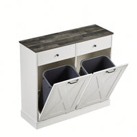 Double Door Tilt Trash Cabinet For Kitchen - White Double Compartment Trash Can