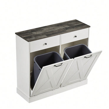 Double Door Tilt Trash Cabinet For Kitchen - White Double Compartment Trash Can