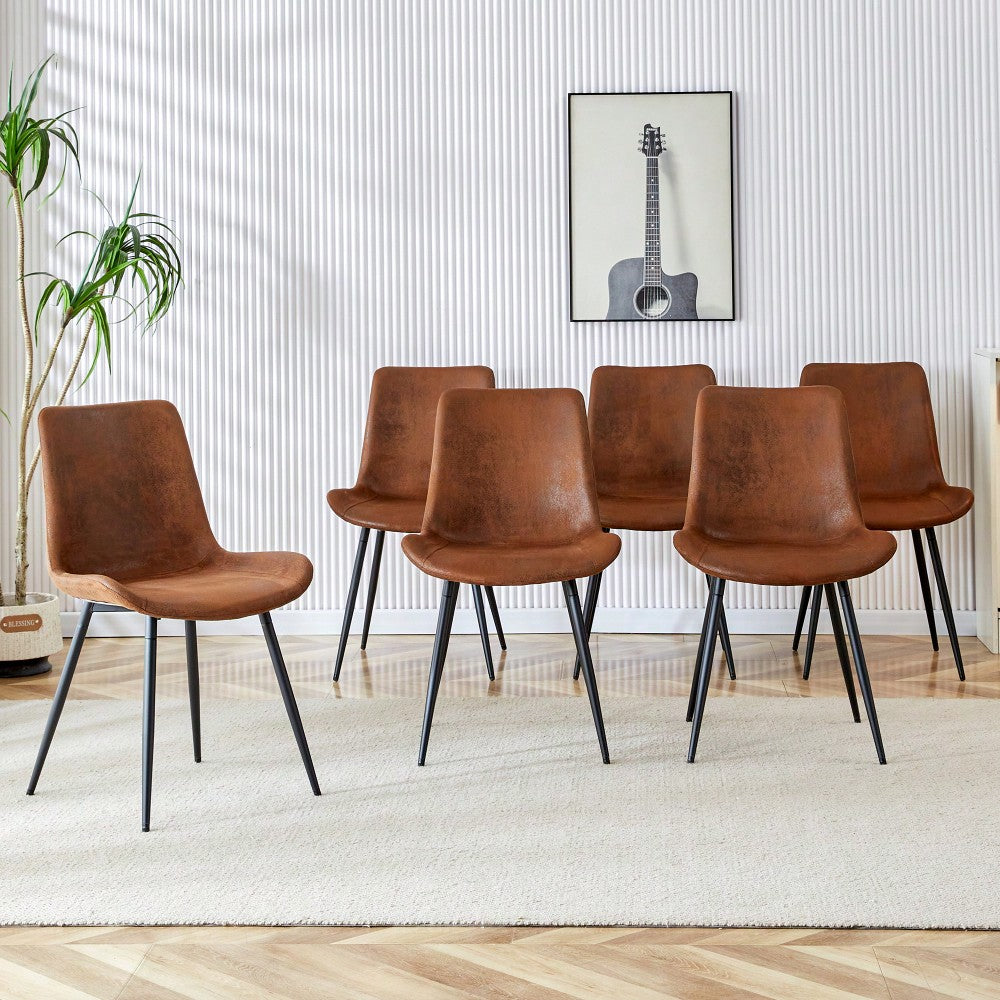 Set Of 6 Curved Brown Suede Dining Chairs With Black Metal Legs Comfortable Cushions For Restaurants Kitchens Bedrooms Offices