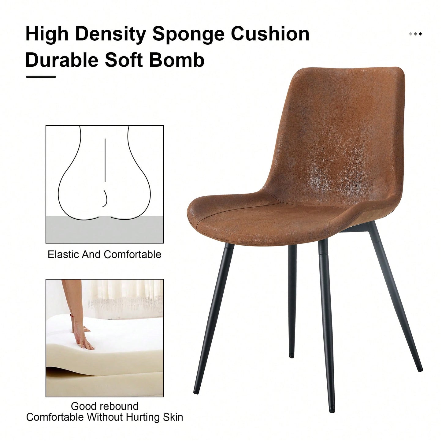 Set Of 6 Curved Brown Suede Dining Chairs With Black Metal Legs Comfortable Cushions For Restaurants Kitchens Bedrooms Offices