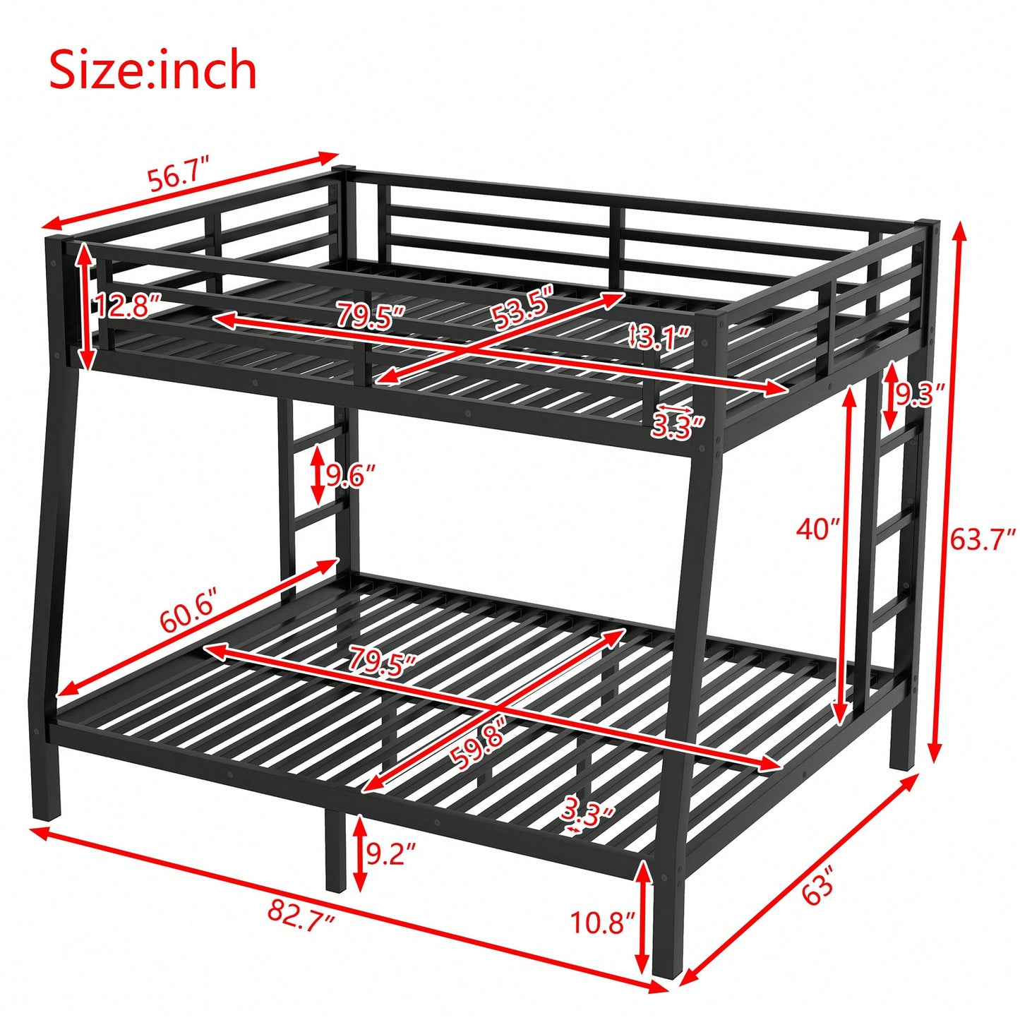 Space-Saving Metal Full XL Over Queen Bunk Bed For Teens And Adults With Noise Reduction And No Box Spring Required In Black