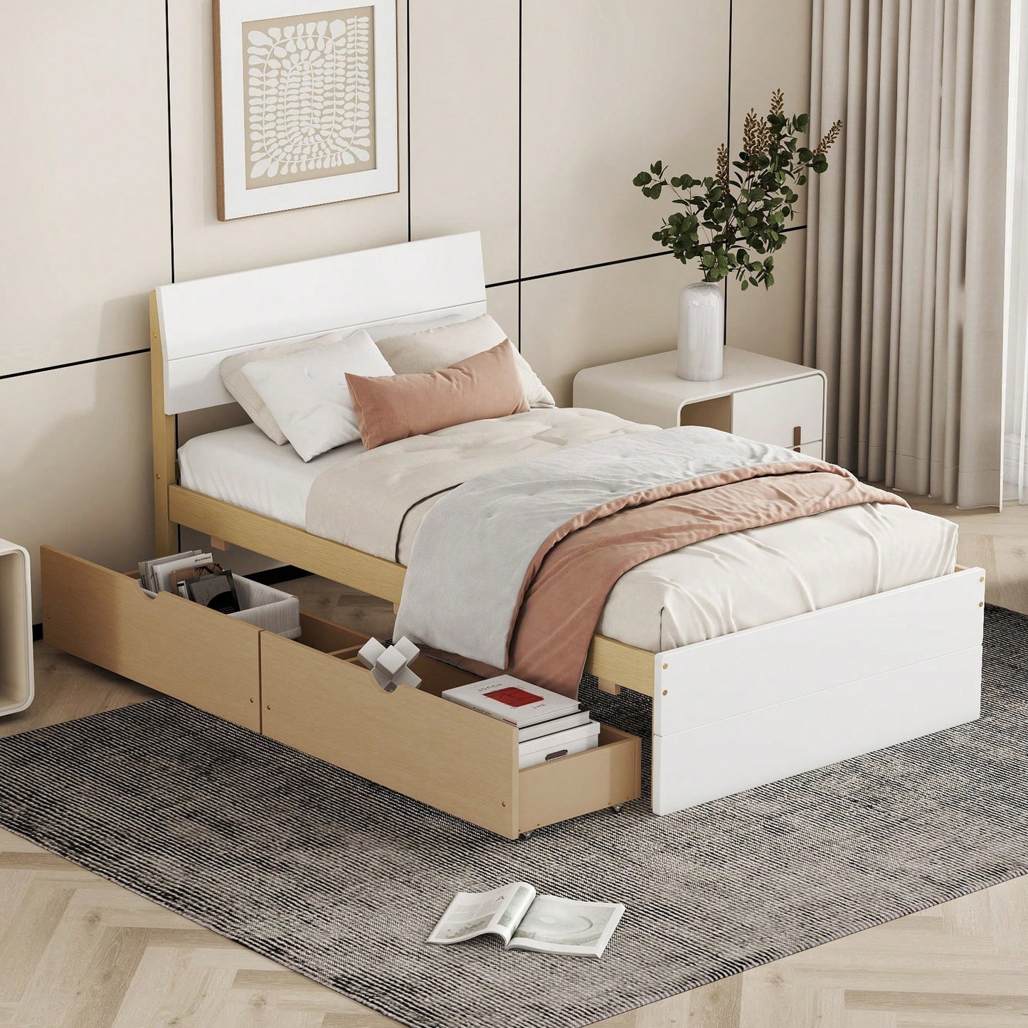 Modern Twin Bed Frame With Storage Drawers White High Gloss Headboard Footboard Light Oak Finish