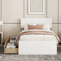 Modern Twin Bed Frame With Storage Drawers White High Gloss Headboard Footboard Light Oak Finish