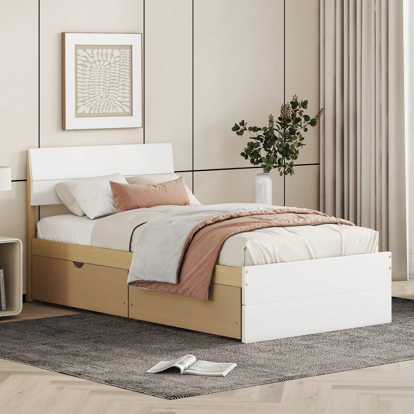 Modern Twin Bed Frame With Storage Drawers White High Gloss Headboard Footboard Light Oak Finish