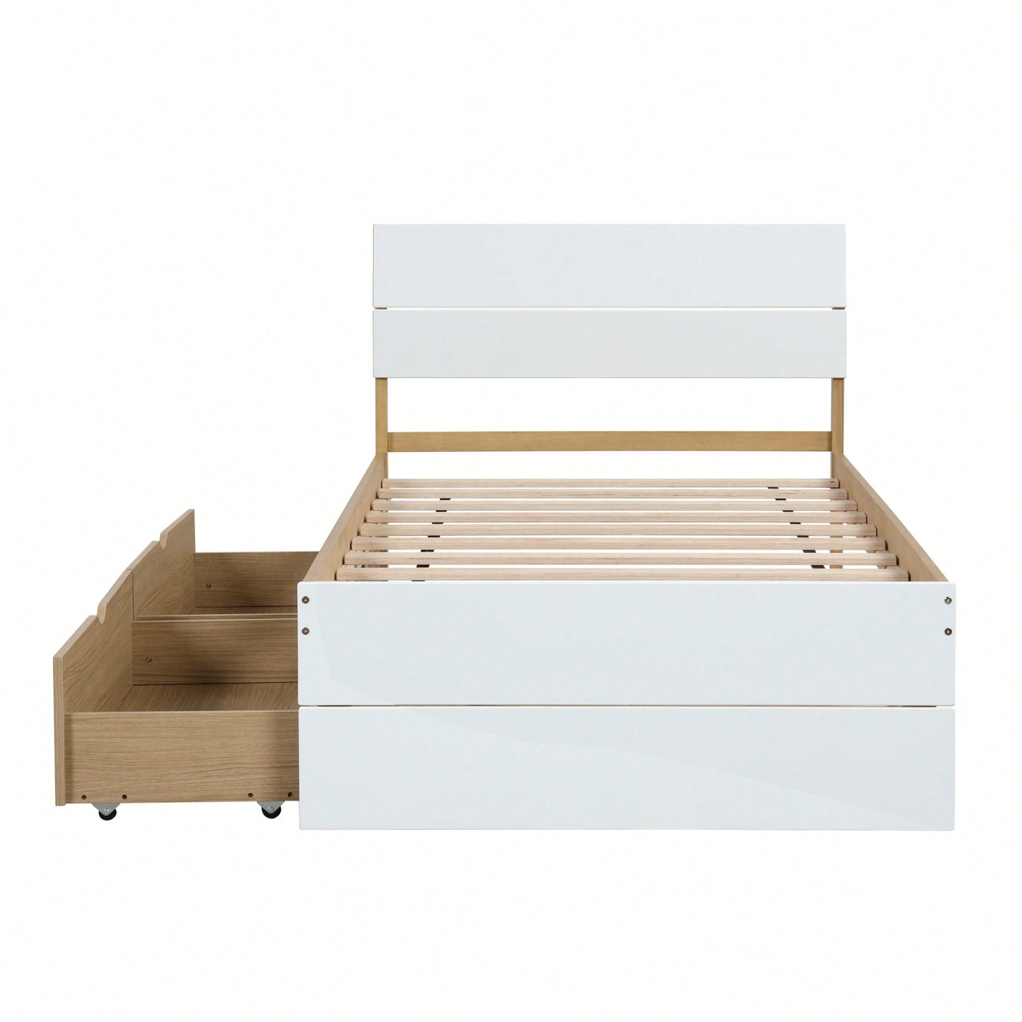 Modern Twin Bed Frame With Storage Drawers White High Gloss Headboard Footboard Light Oak Finish