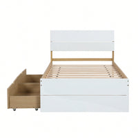 Modern Twin Bed Frame With Storage Drawers White High Gloss Headboard Footboard Light Oak Finish