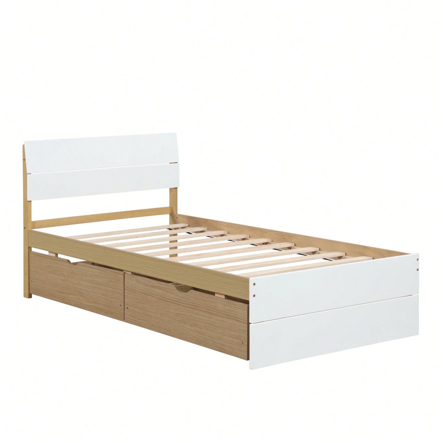 Modern Twin Bed Frame With Storage Drawers White High Gloss Headboard Footboard Light Oak Finish