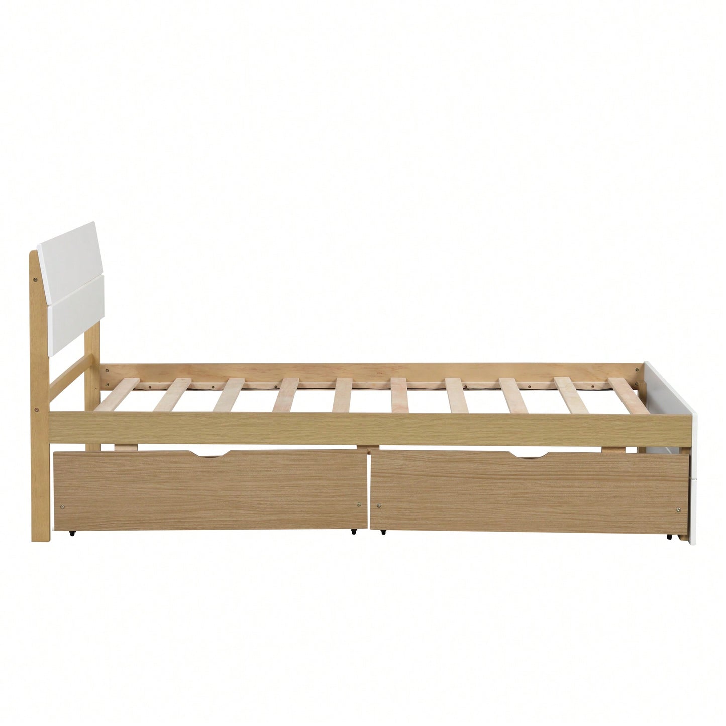 Modern Twin Bed Frame With Storage Drawers White High Gloss Headboard Footboard Light Oak Finish