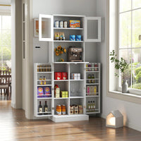 Tall White Pantry Cabinet With Adjustable Shelves And Microwave Stand For Kitchen And Dining Room Storage