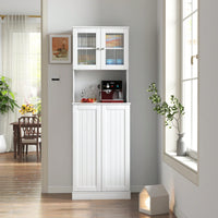 Tall White Pantry Cabinet With Adjustable Shelves And Microwave Stand For Kitchen And Dining Room Storage