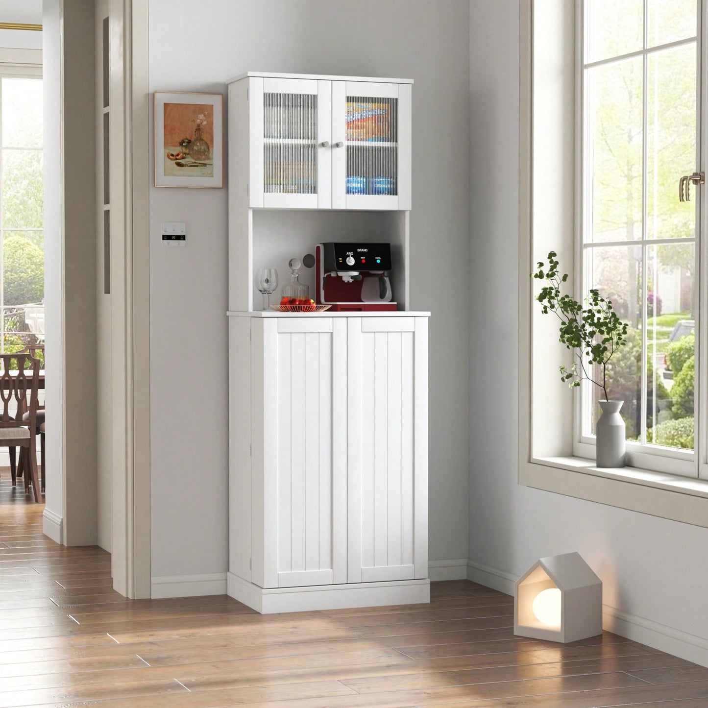 Tall White Pantry Cabinet With Adjustable Shelves And Microwave Stand For Kitchen And Dining Room Storage