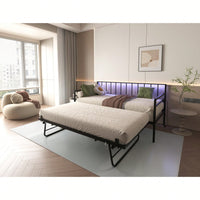 Height Adjustable Twin Daybed With RGB LED Lights And Charging Station, Versatile Metal Frame With Trundle For Bedroom And Living Room