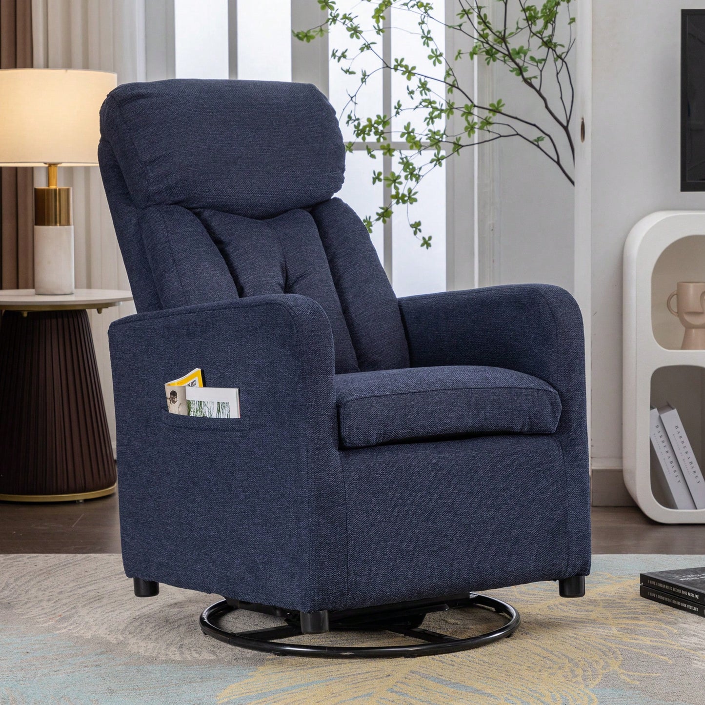 Linen Fabric Swivel Rocking Chair With Pocket For Cozy Relaxation Navy Blue