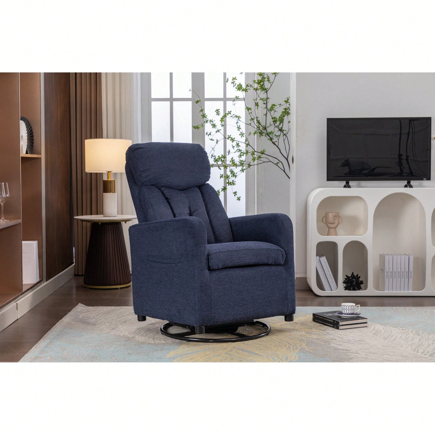 Linen Fabric Swivel Rocking Chair With Pocket For Cozy Relaxation Navy Blue