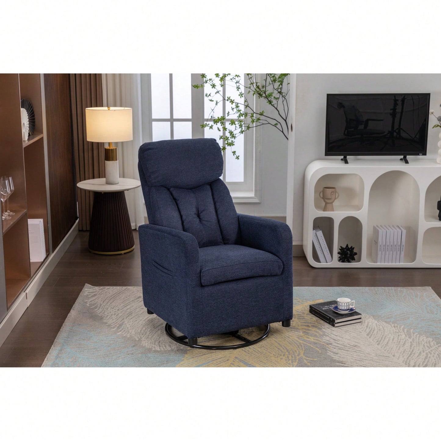 Linen Fabric Swivel Rocking Chair With Pocket For Cozy Relaxation Navy Blue