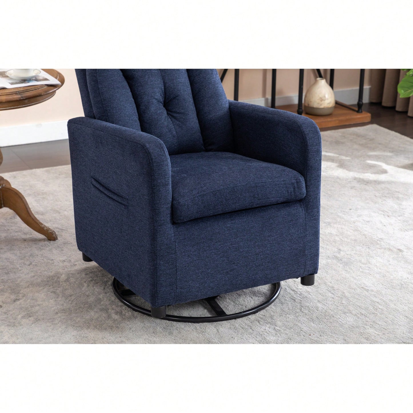 Linen Fabric Swivel Rocking Chair With Pocket For Cozy Relaxation Navy Blue