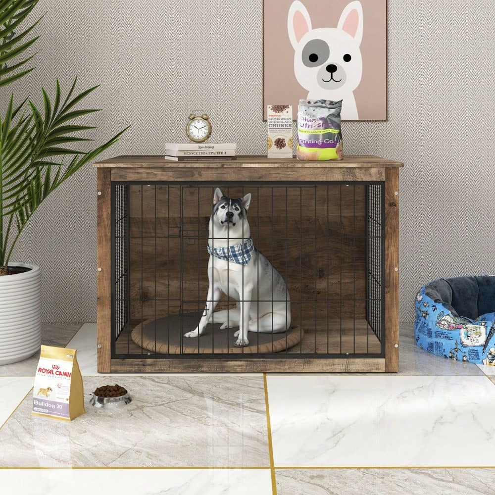 Stylish Wooden Dog Crate With Double Doors - Elegant Indoor Dog Furniture And Kennel Solution