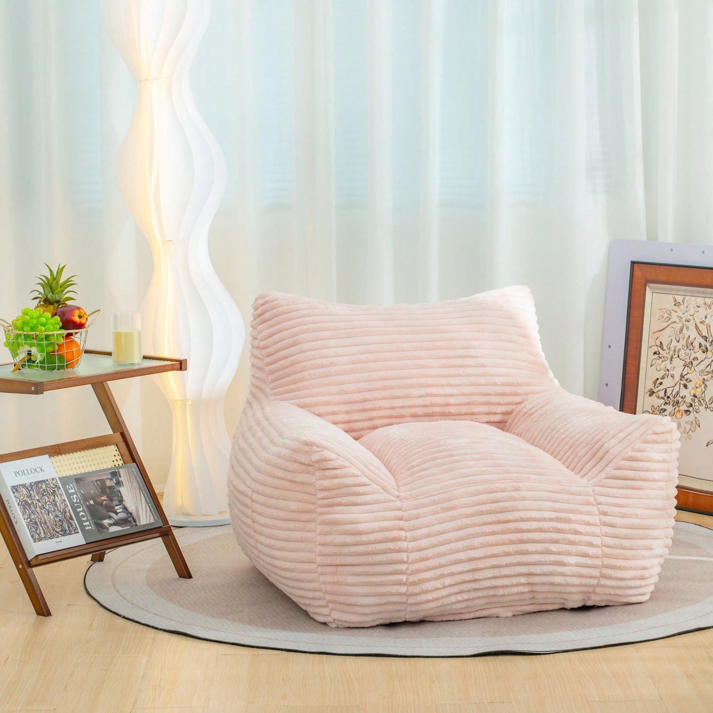 Oversized Beige Bean Bag Chair With Armrests For Adults - Comfy Lounge Sofa For Living Room Bedroom And Dorm Cozy Fluffy Cloud Mini Couch