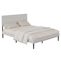 Queen Size Grey Upholstered Platform Bed Frame With Wooden Slats Support And Stylish Headboard