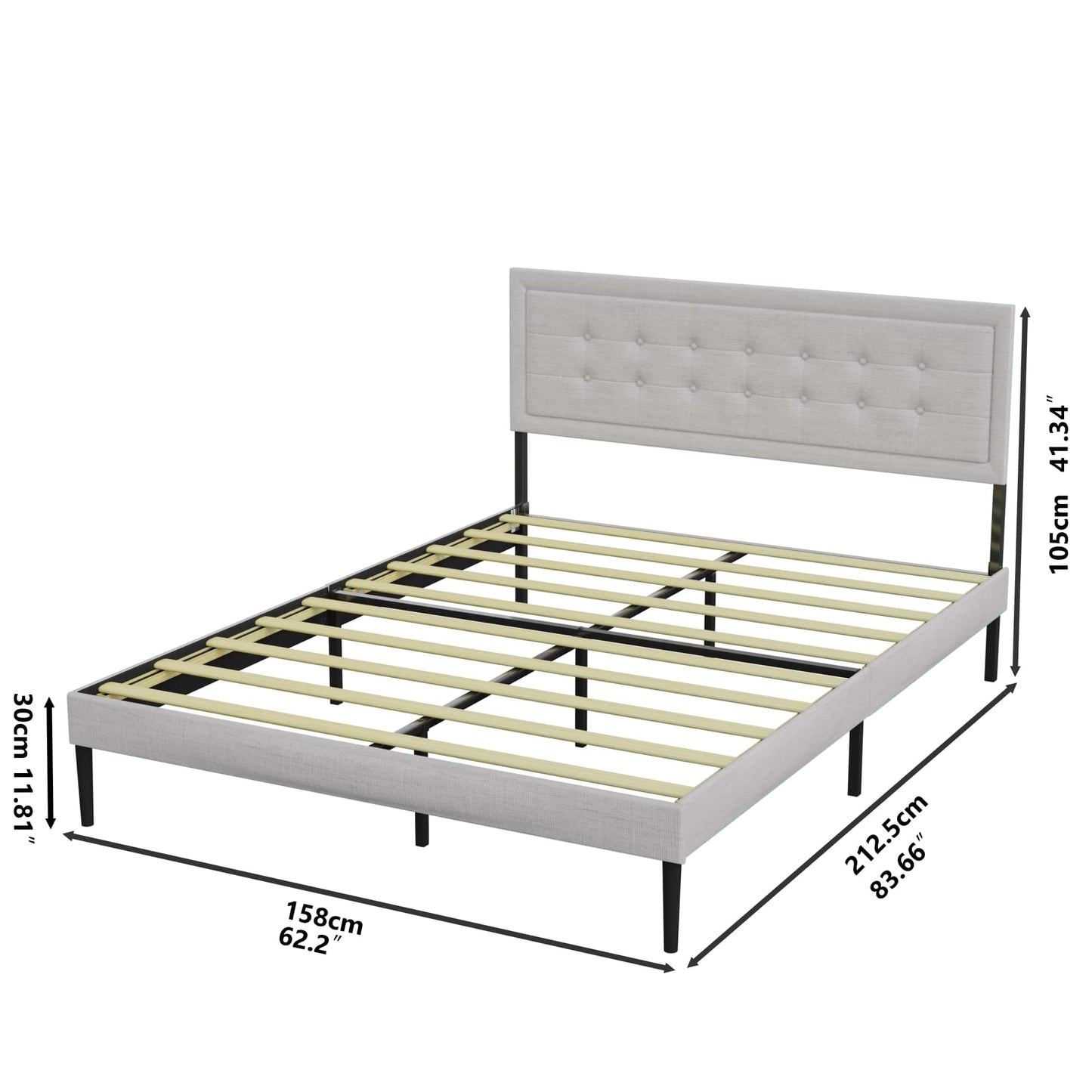 Queen Size Grey Upholstered Platform Bed Frame With Wooden Slats Support And Stylish Headboard