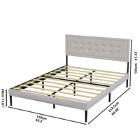 Queen Size Grey Upholstered Platform Bed Frame With Wooden Slats Support And Stylish Headboard