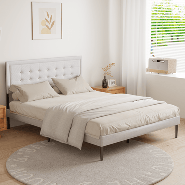 Queen Size Grey Upholstered Platform Bed Frame With Wooden Slats Support And Stylish Headboard