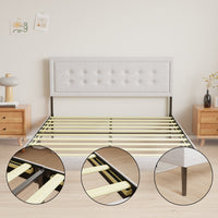 Queen Size Grey Upholstered Platform Bed Frame With Wooden Slats Support And Stylish Headboard