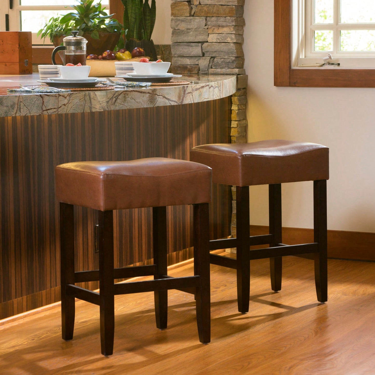 Set Of 2 Brown Backless Leather Counter Height Barstools For Kitchen And Dining