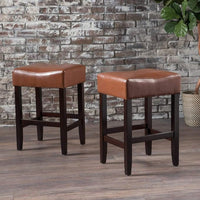 Set Of 2 Brown Backless Leather Counter Height Barstools For Kitchen And Dining