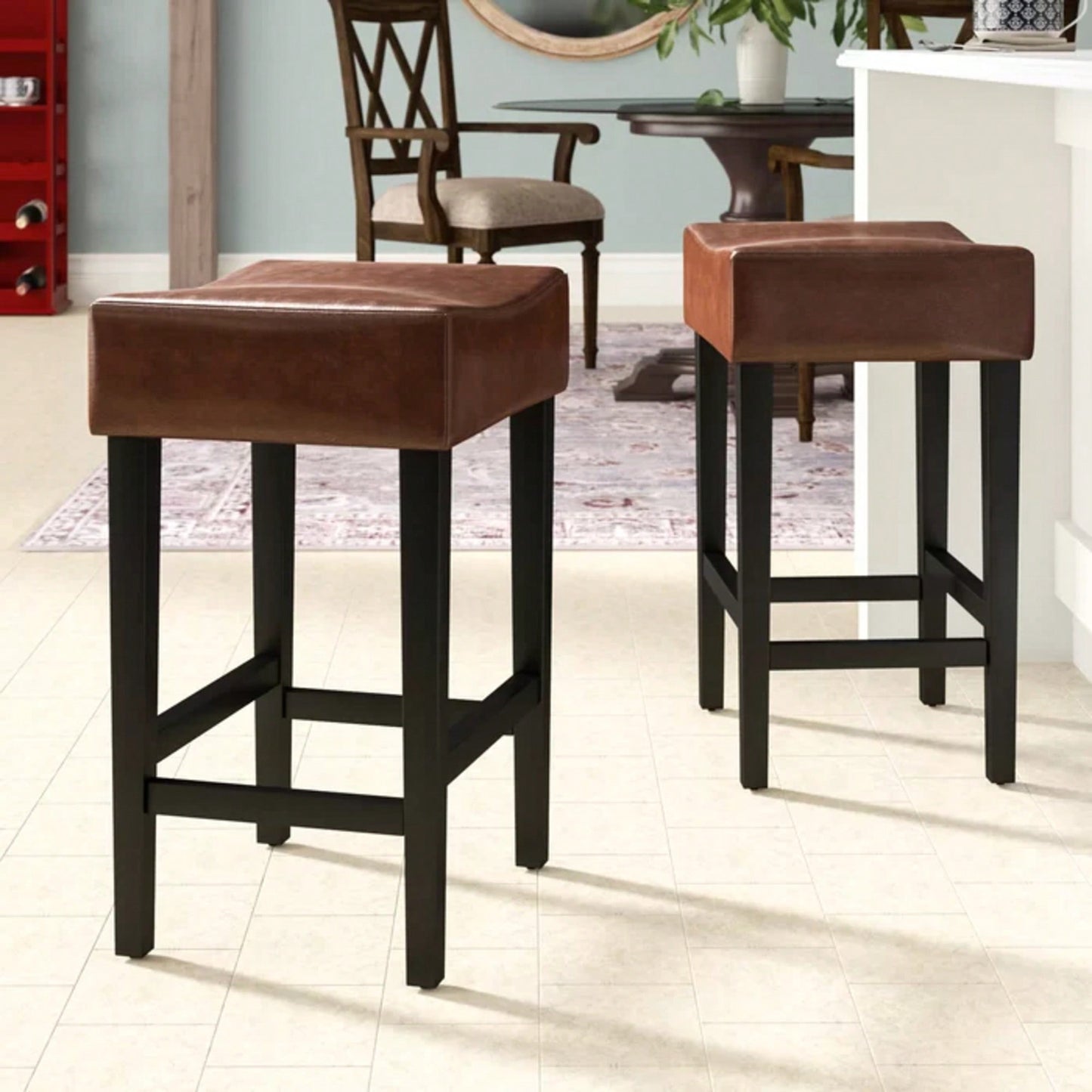 Set Of 2 Brown Backless Leather Counter Height Barstools For Kitchen And Dining