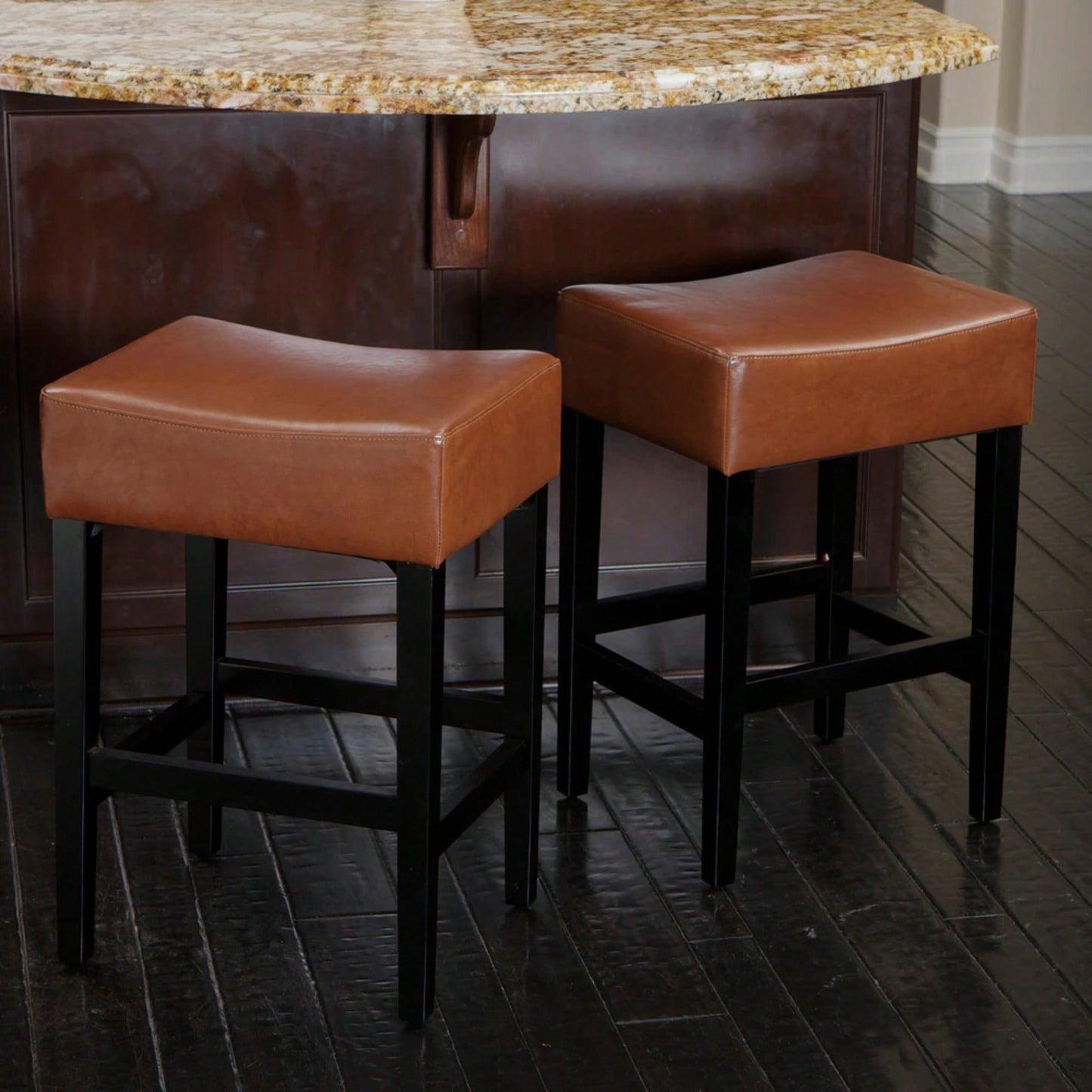 Set Of 2 Brown Backless Leather Counter Height Barstools For Kitchen And Dining