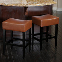 Set Of 2 Brown Backless Leather Counter Height Barstools For Kitchen And Dining