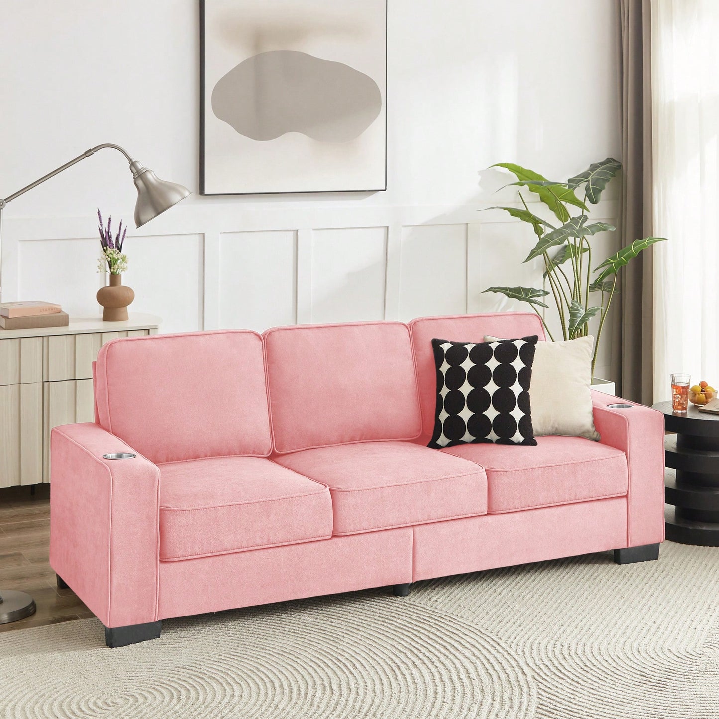 Modern Pink 3-Seater Snowfleece Fabric Sofa For Living Room Bedroom Office Furniture