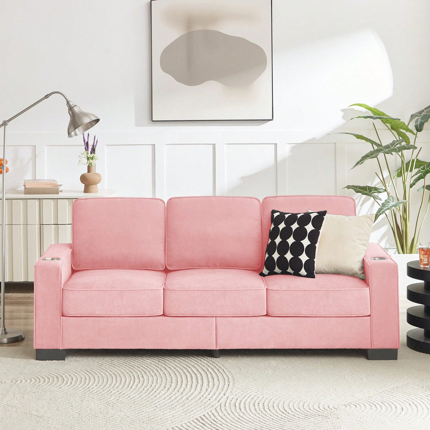 Modern Pink 3-Seater Snowfleece Fabric Sofa For Living Room Bedroom Office Furniture