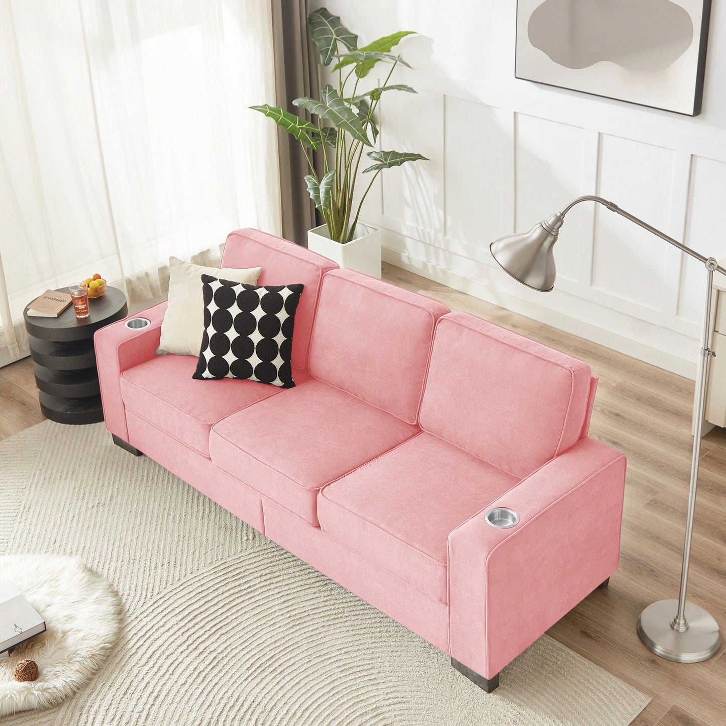 Modern Pink 3-Seater Snowfleece Fabric Sofa For Living Room Bedroom Office Furniture