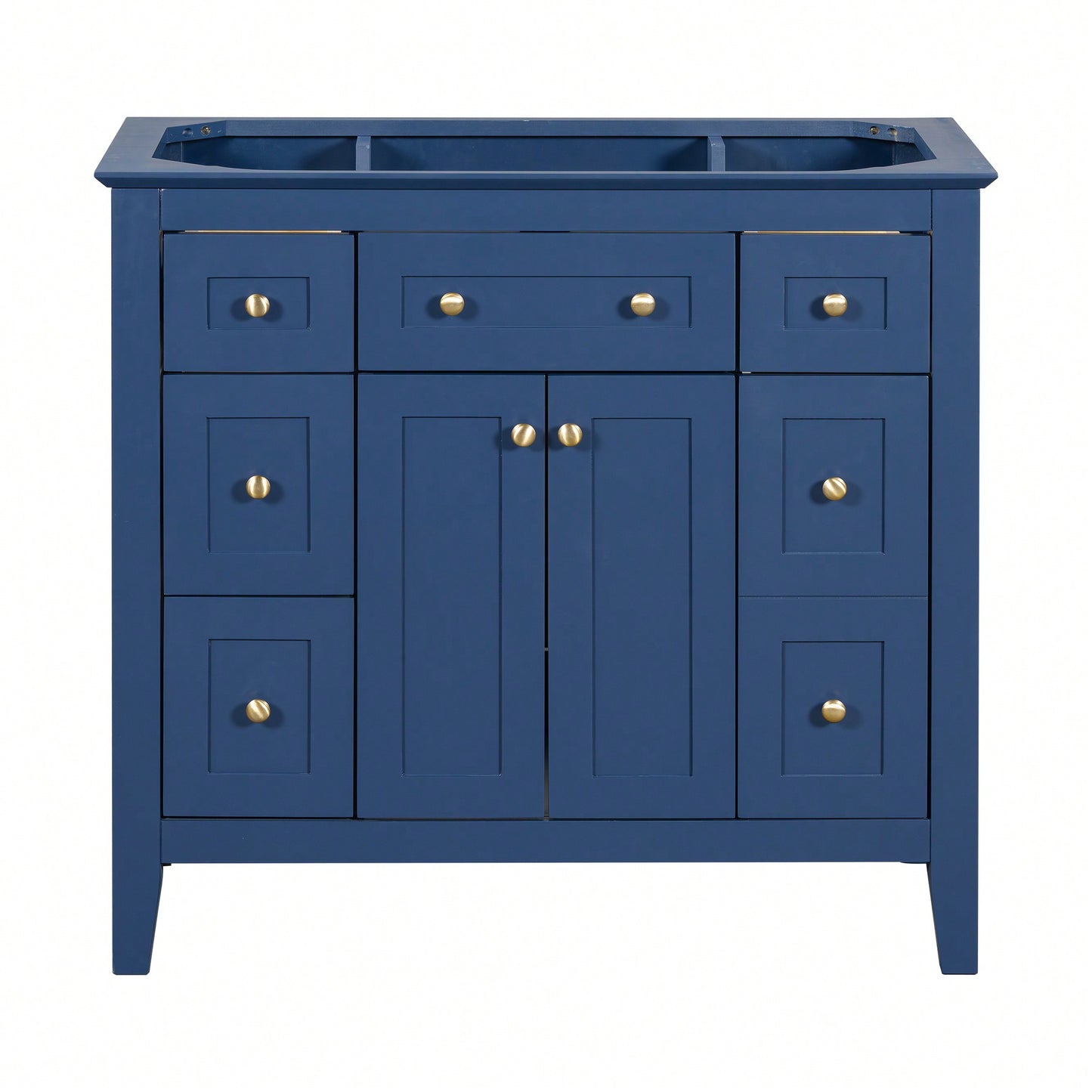 36 Inch Modern Freestanding Bathroom Vanity Cabinet With 6 Drawers And 2 Cabinets, Solid Wood Frame Storage In Blue, Sink Not Included