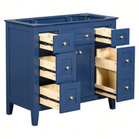 36 Inch Modern Freestanding Bathroom Vanity Cabinet With 6 Drawers And 2 Cabinets, Solid Wood Frame Storage In Blue, Sink Not Included