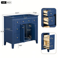 36 Inch Modern Freestanding Bathroom Vanity Cabinet With 6 Drawers And 2 Cabinets, Solid Wood Frame Storage In Blue, Sink Not Included