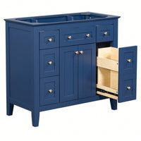 36 Inch Modern Freestanding Bathroom Vanity Cabinet With 6 Drawers And 2 Cabinets, Solid Wood Frame Storage In Blue, Sink Not Included