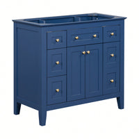 36 Inch Modern Freestanding Bathroom Vanity Cabinet With 6 Drawers And 2 Cabinets, Solid Wood Frame Storage In Blue, Sink Not Included