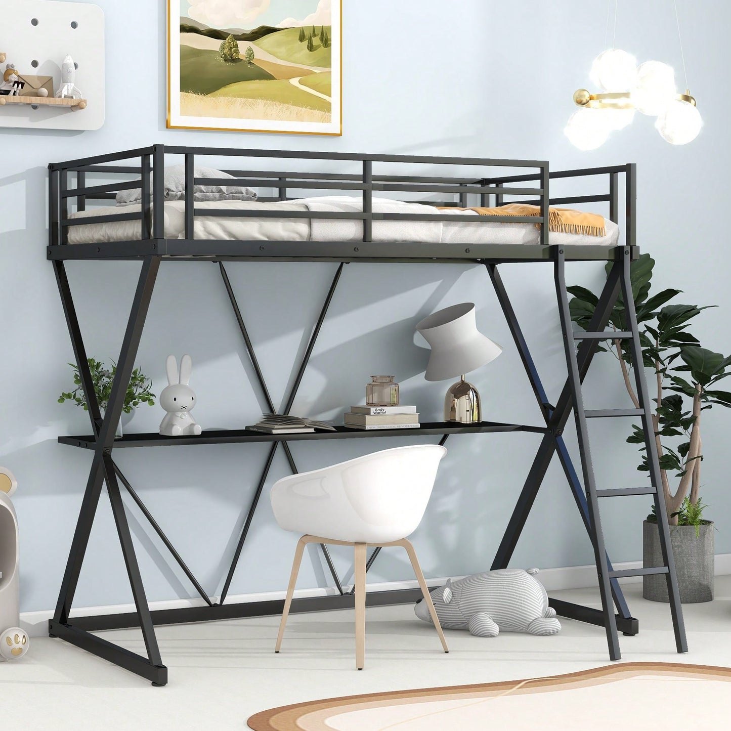 Twin Loft Bed With Desk And Full-Length Guardrails, X-Shaped Frame In Black