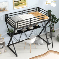 Twin Loft Bed With Desk And Full-Length Guardrails, X-Shaped Frame In Black