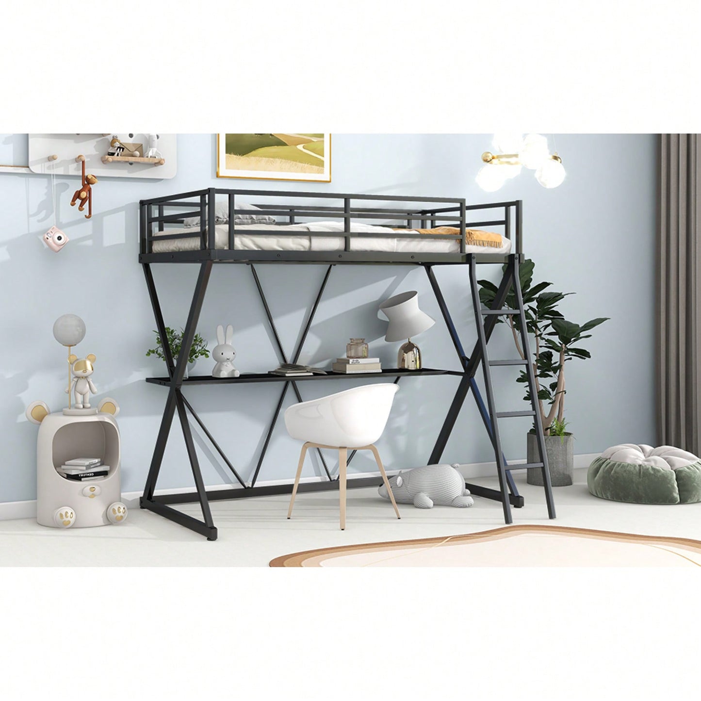 Twin Loft Bed With Desk And Full-Length Guardrails, X-Shaped Frame In Black