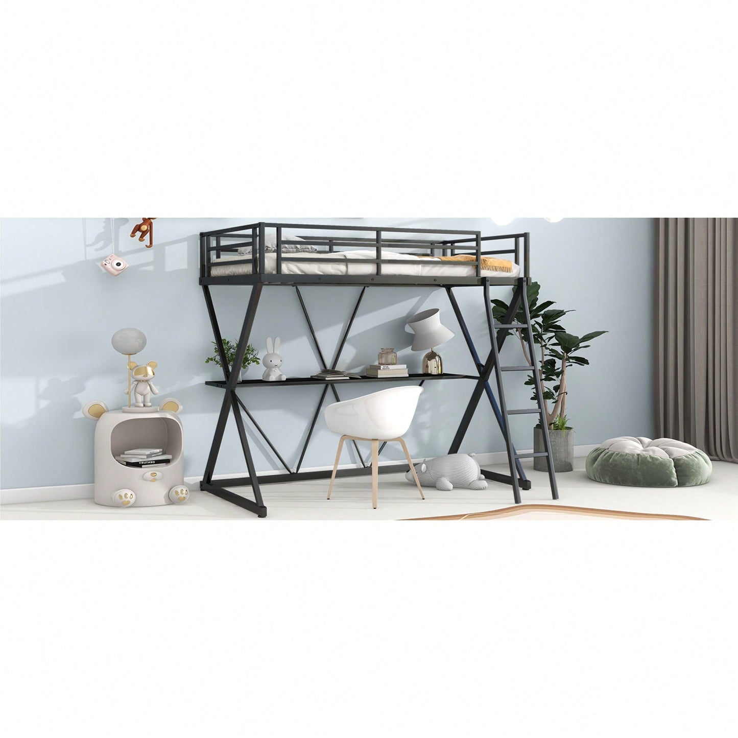 Twin Loft Bed With Desk And Full-Length Guardrails, X-Shaped Frame In Black