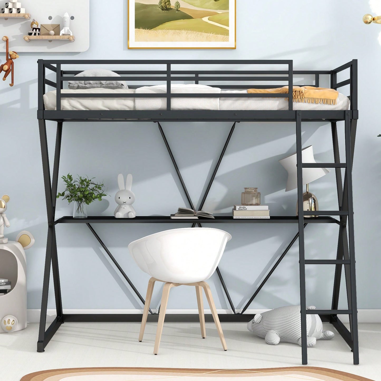 Twin Loft Bed With Desk And Full-Length Guardrails, X-Shaped Frame In Black