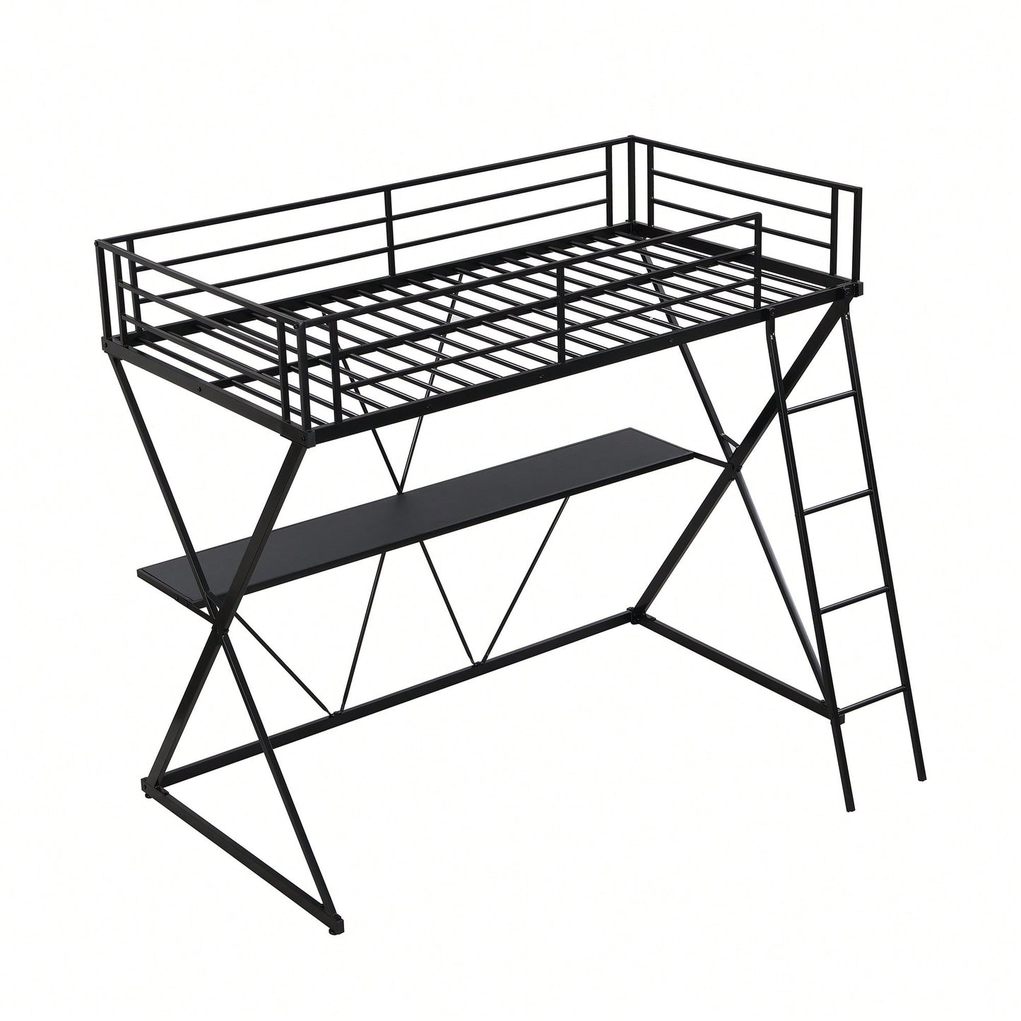 Twin Loft Bed With Desk And Full-Length Guardrails, X-Shaped Frame In Black